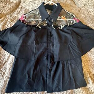 BRAND NWT Sheer Embroidered Yoke Button-Front Blouse with Cape Overlay Sz 4